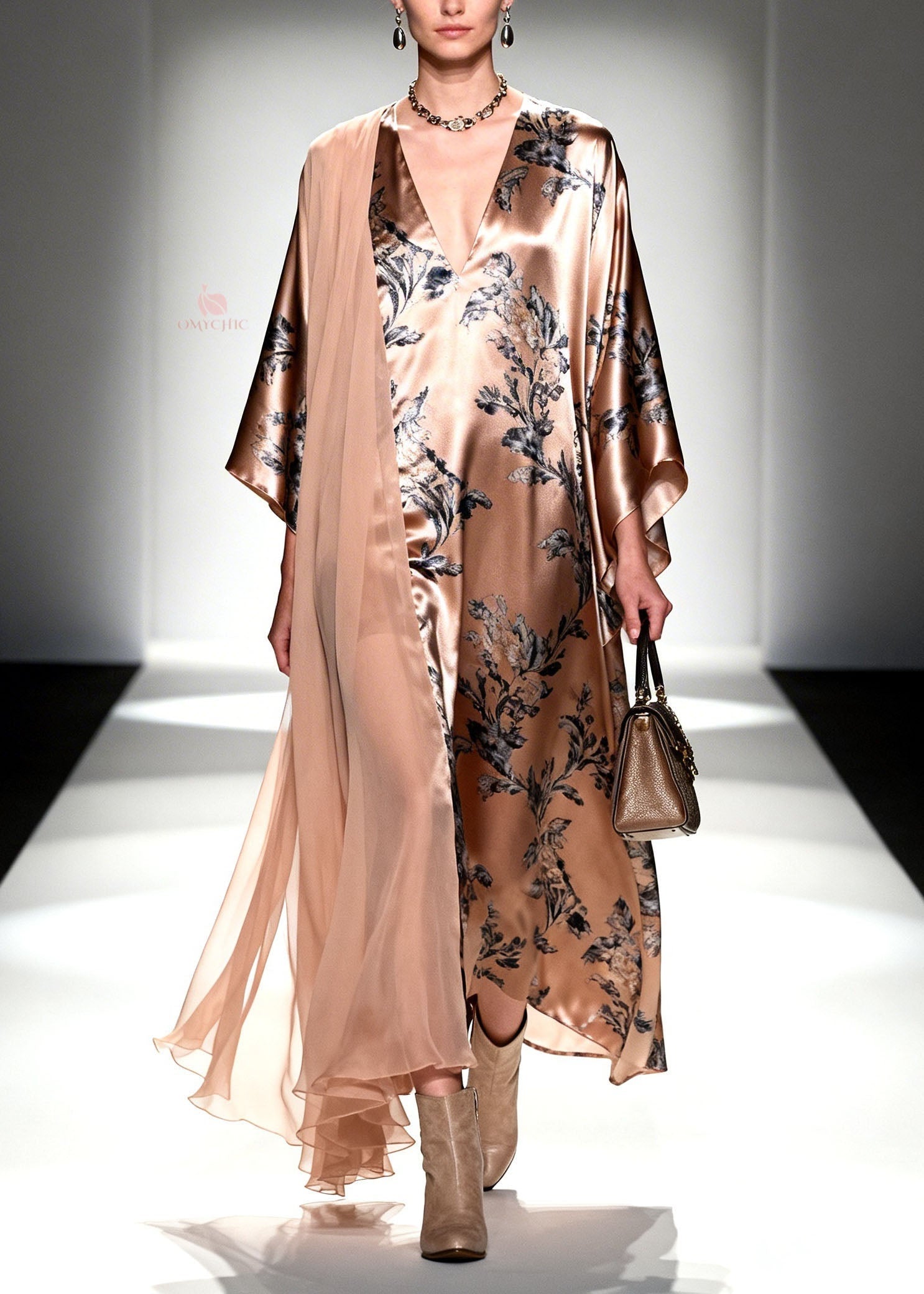 Unique V Neck Print Patchwork Silk Maxi Dresses Spring