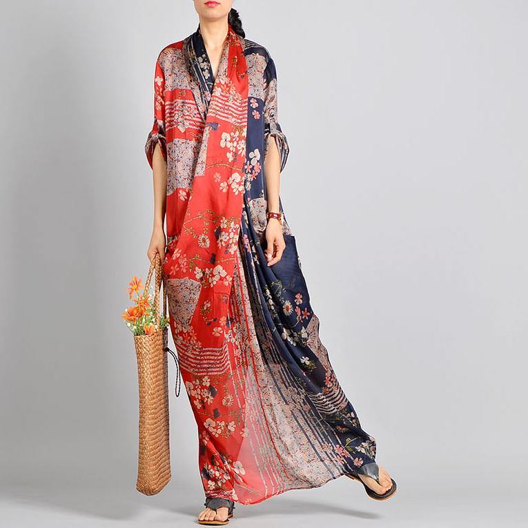 Unique Red Print Silk Blend Robes V Neck Robes Maxi Dress