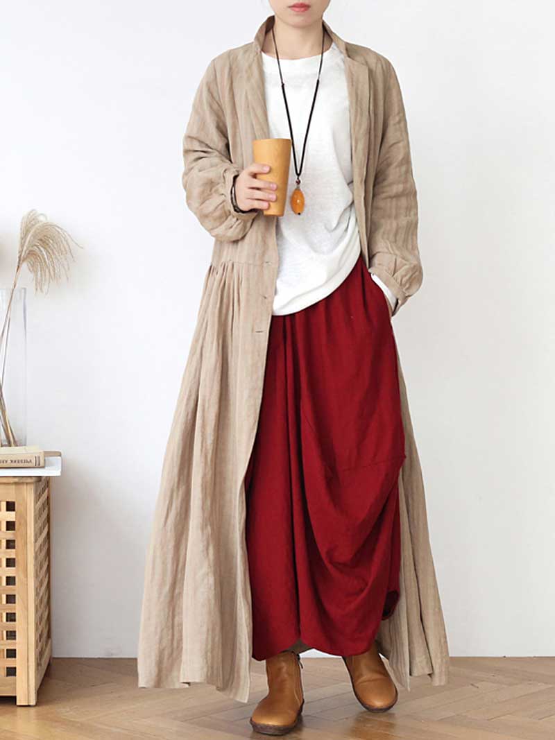 Lapel Collar Button Front Pleated Linen Duster Coat 8
