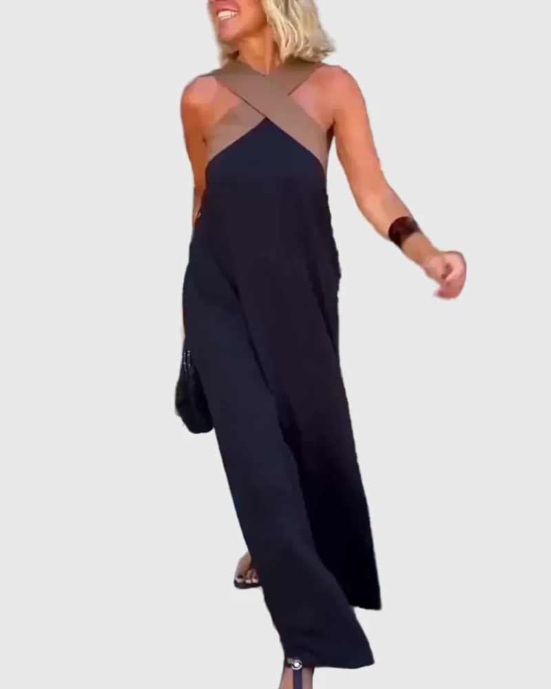 Cross Front Halter Contrast Panel Sleeveless Flowing Maxi Dress