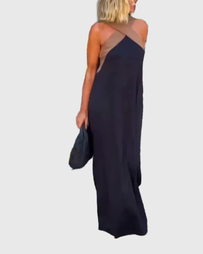 Cross Front Halter Contrast Panel Sleeveless Flowing Maxi Dress