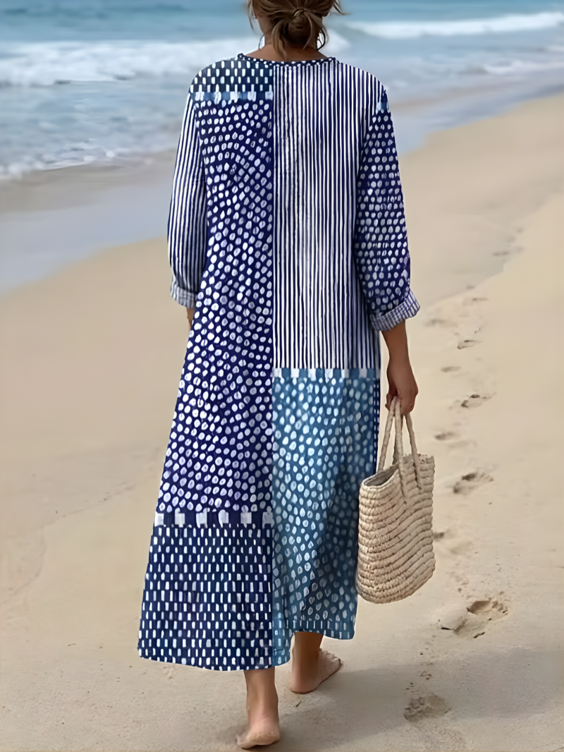 Split Neck Long Sleeve Patchwork Print Relaxed Shift Maxi Dress