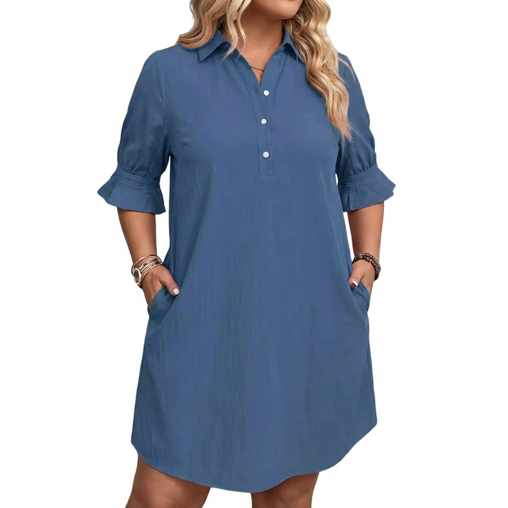 Collared Button Placket Ruffle Sleeve Swing Mini Shirt Dress