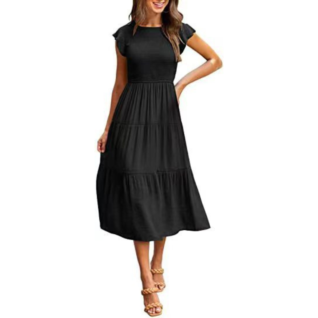 Round Neck Flutter Sleeve Smocked Tiered A-Line Midi Dress 7