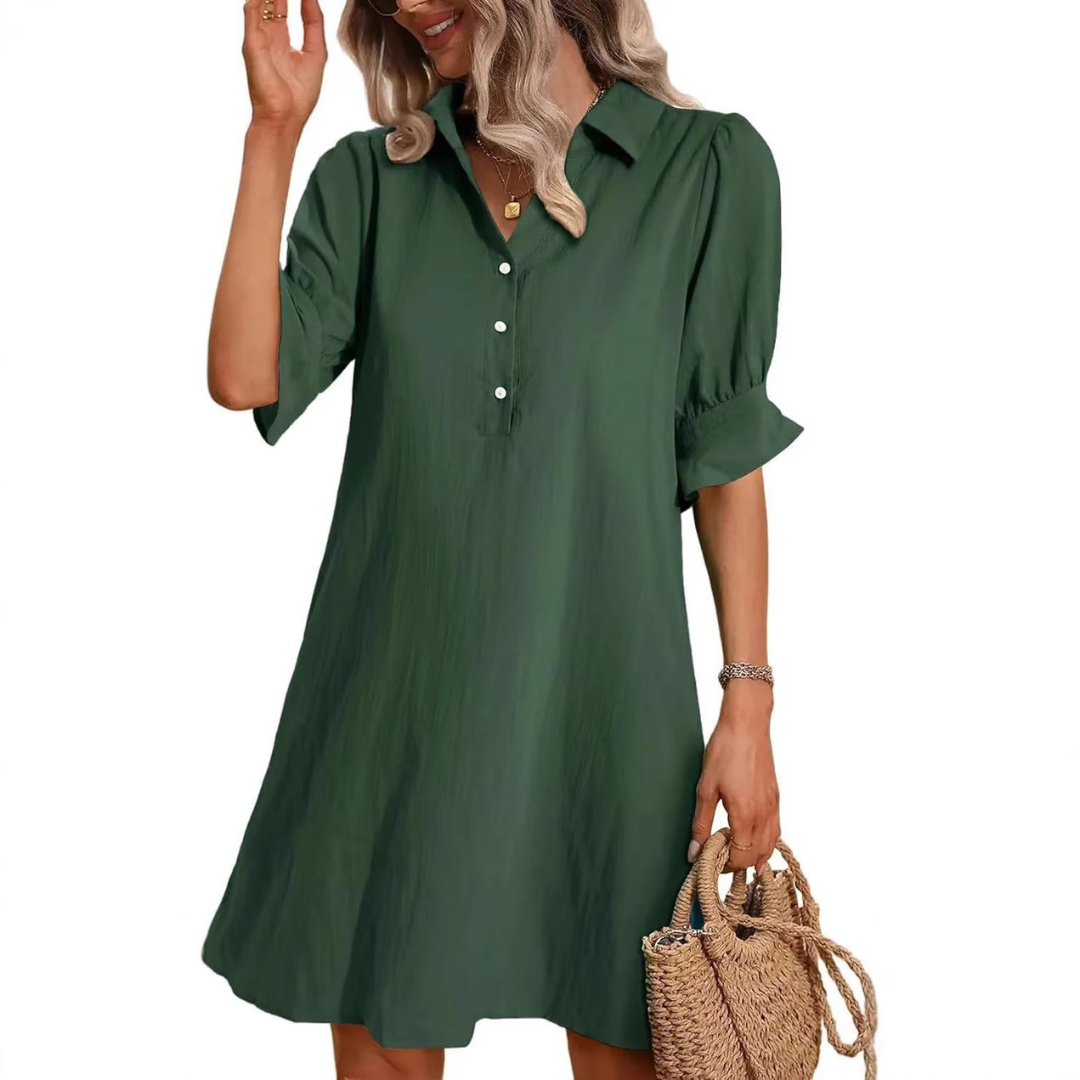 Collared Button Placket Ruffle Sleeve Loose Shift Mini Dress