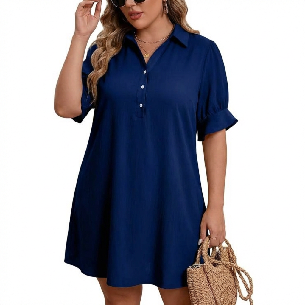 Collared Button Placket Ruffle Sleeve Swing Mini Shirt Dress
