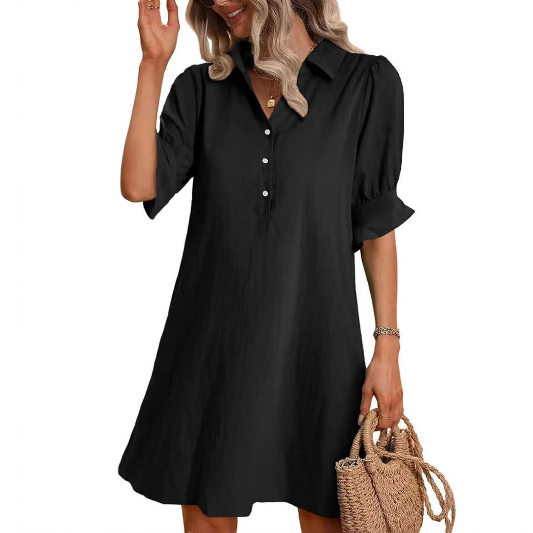 Collared Button Placket Ruffle Sleeve Loose Shift Mini Dress
