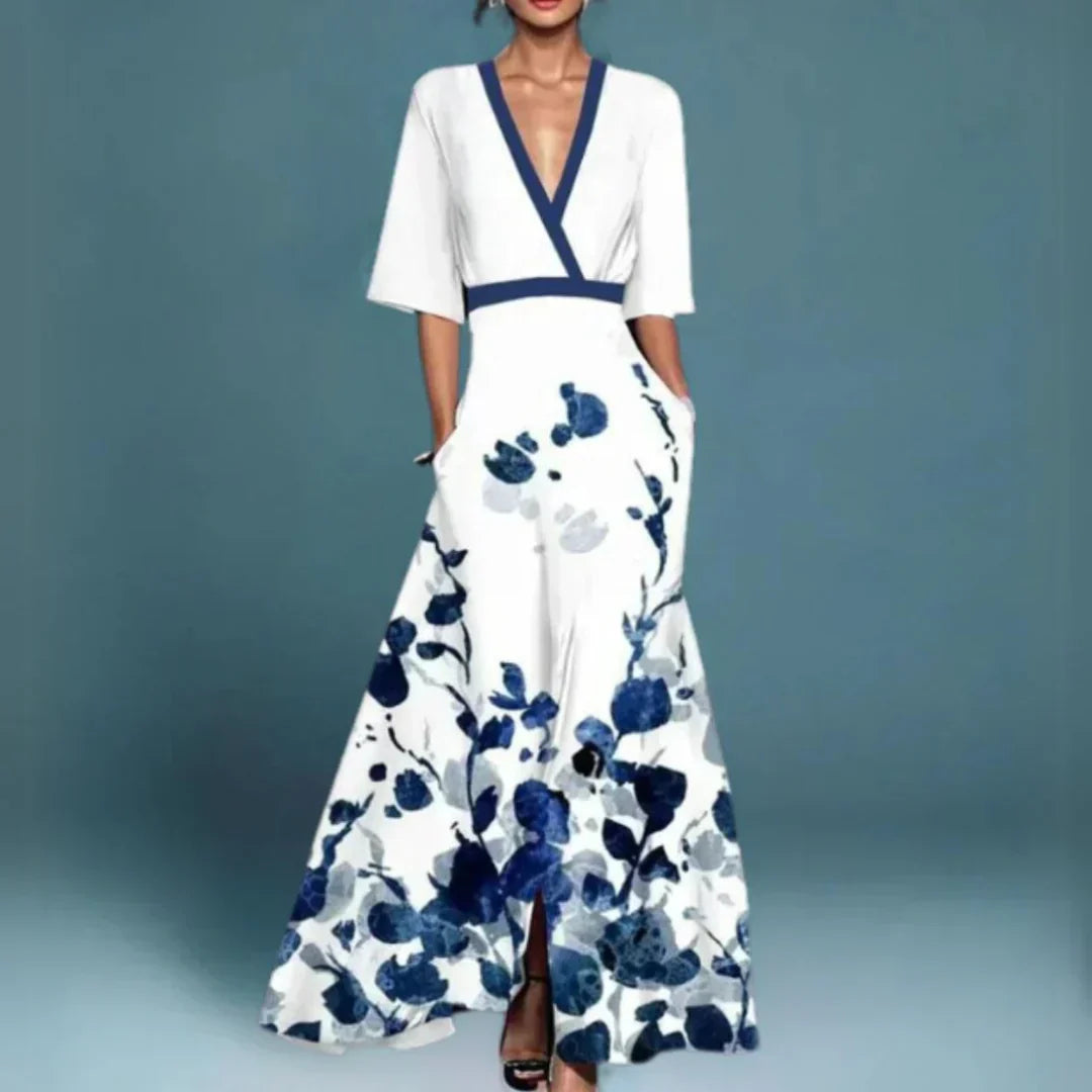 Plunge Neck Half Sleeve Floral Embroidered Sequin A-Line Maxi Gown