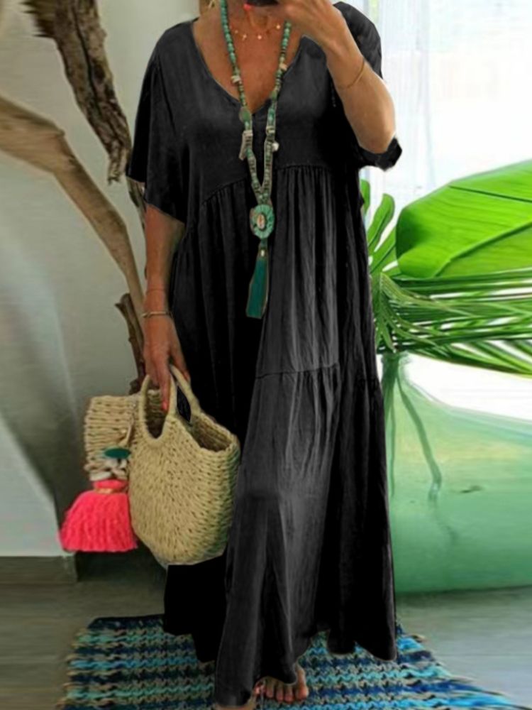 V-Neck Short Sleeve Tiered A-Line Flowy Maxi Dress