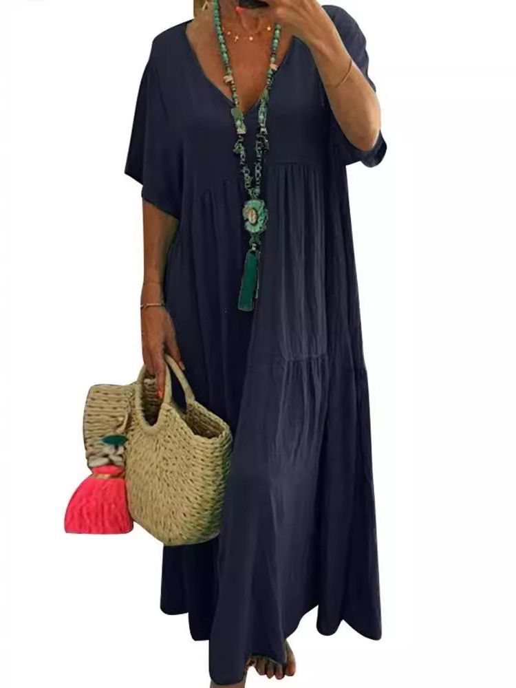V-Neck Short Sleeve Tiered A-Line Flowy Maxi Dress