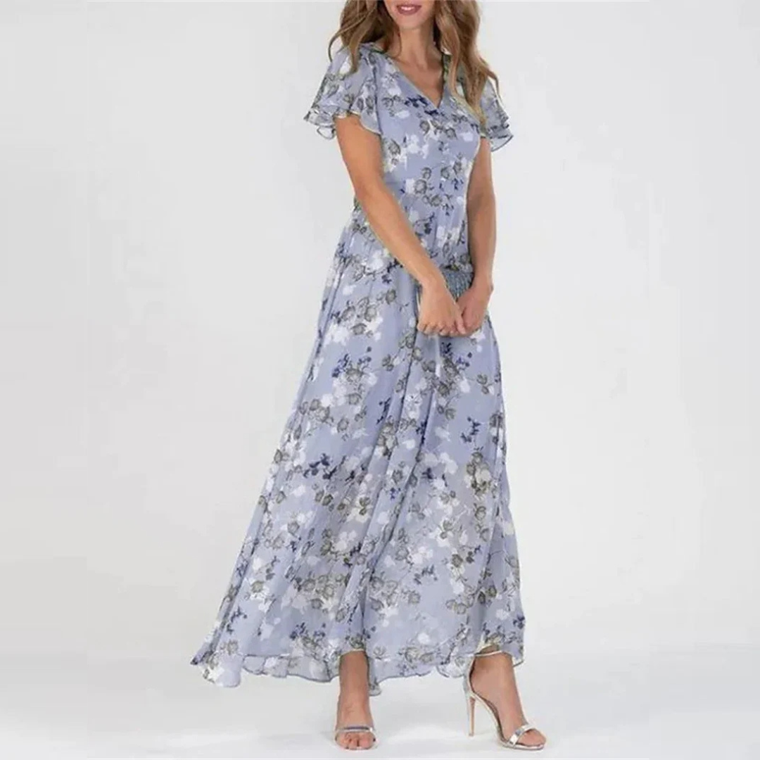 V-Neck Flutter Sleeve Floral Chiffon A-Line Flowy Maxi Dress