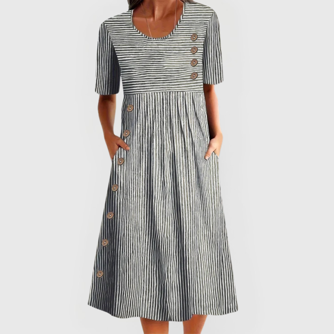Round Neck Short Sleeve Striped Button Trim Pocket Midi Dress
