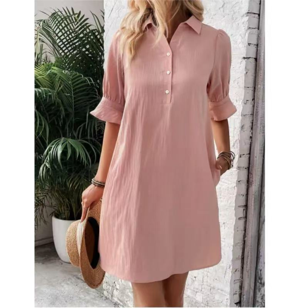 Collared Button Placket Ruffle Sleeve Loose Shift Mini Dress
