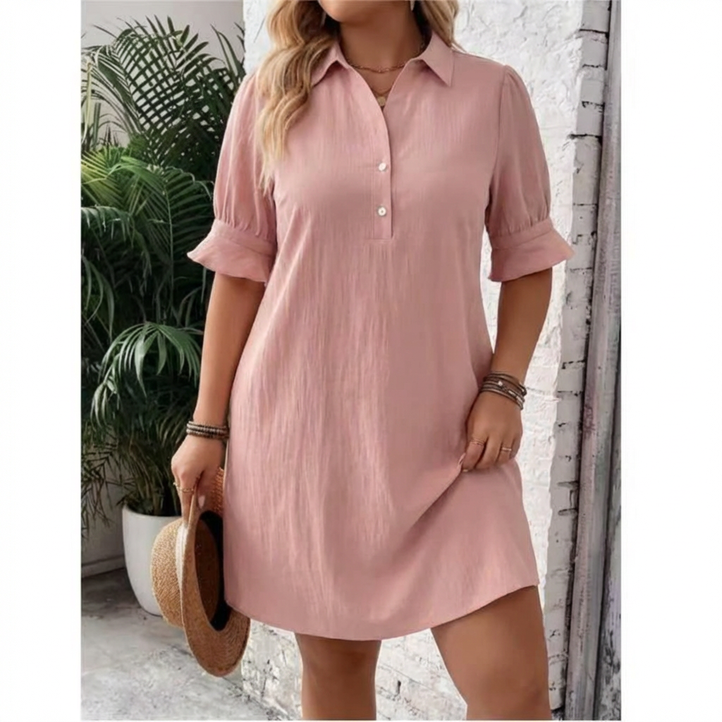 Collared Button Placket Ruffle Sleeve Swing Mini Shirt Dress