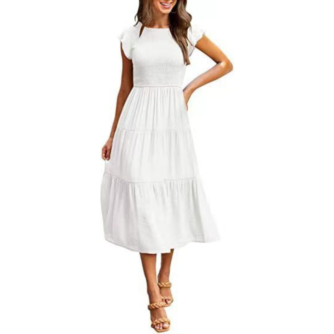 Round Neck Flutter Sleeve Smocked Tiered A-Line Midi Dress
