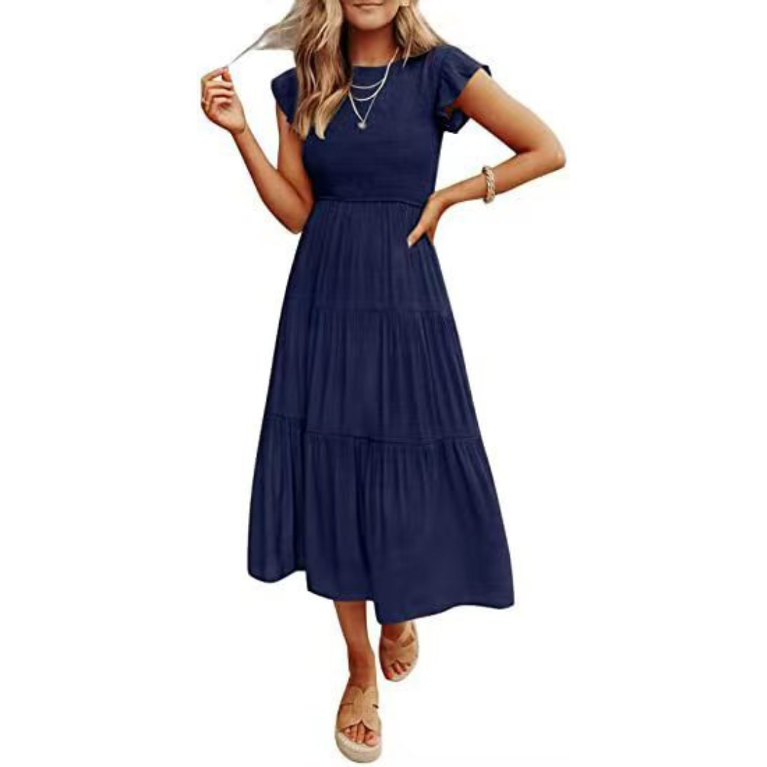 Round Neck Flutter Sleeve Smocked Tiered A-Line Midi Dress 6