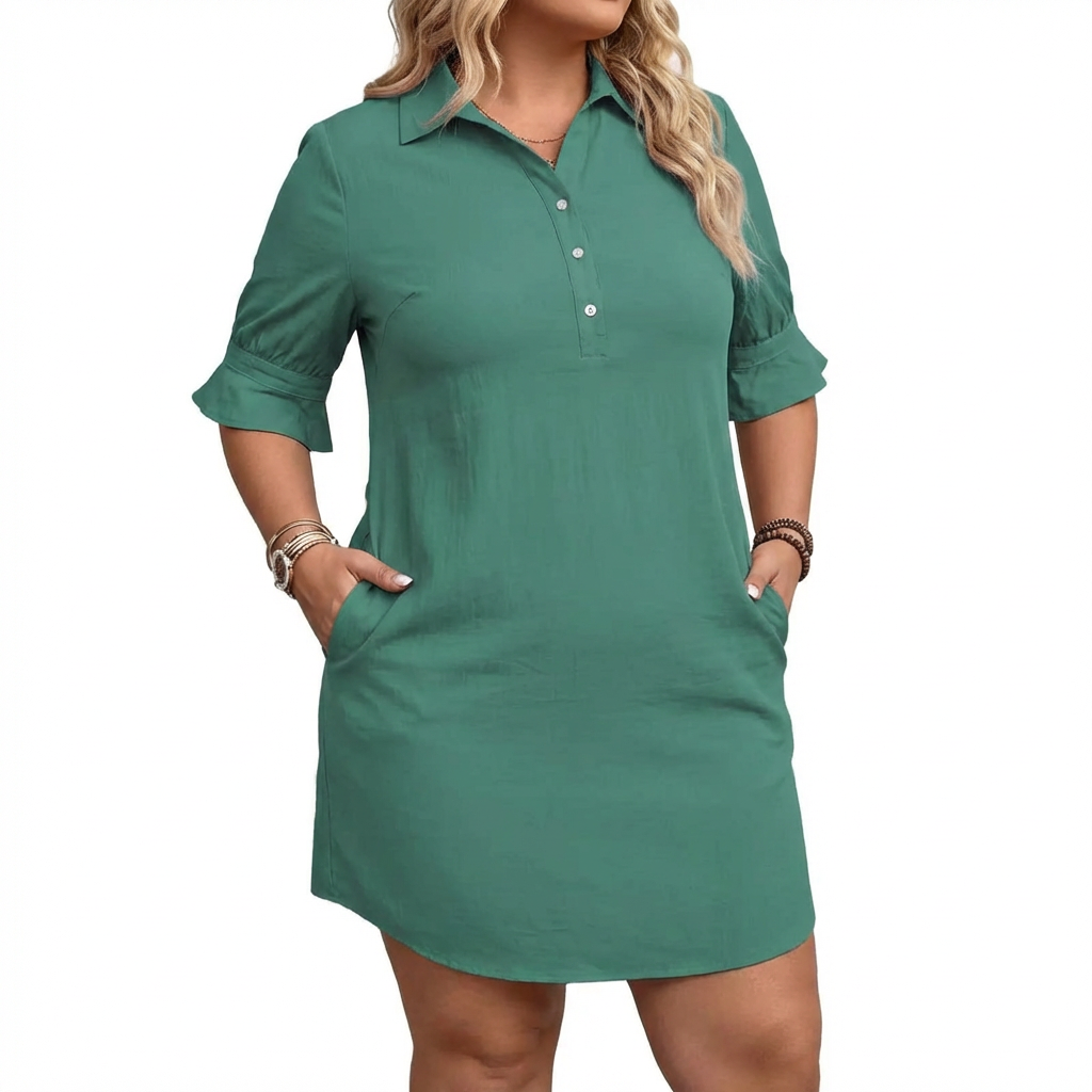 Collared Button Placket Ruffle Sleeve Swing Mini Shirt Dress