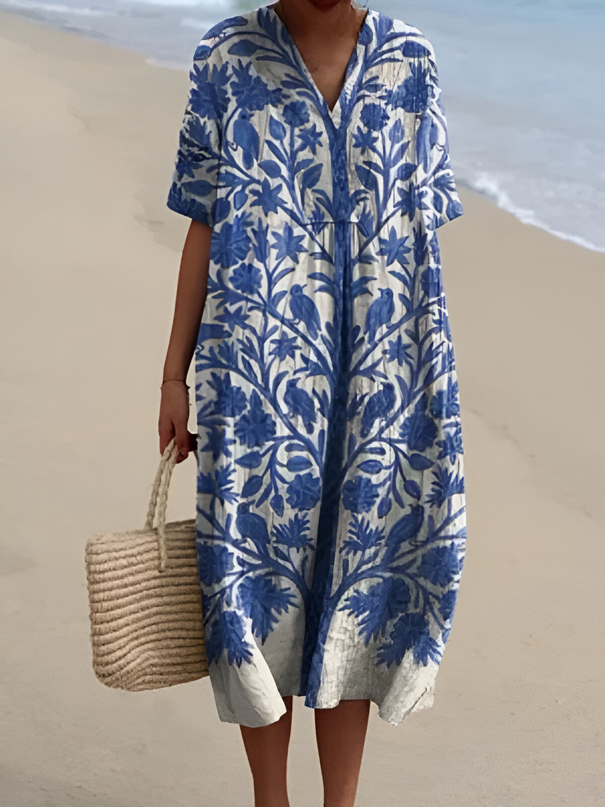 V-Neck Floral Bird Print Short Sleeve A-Line Midi Dress