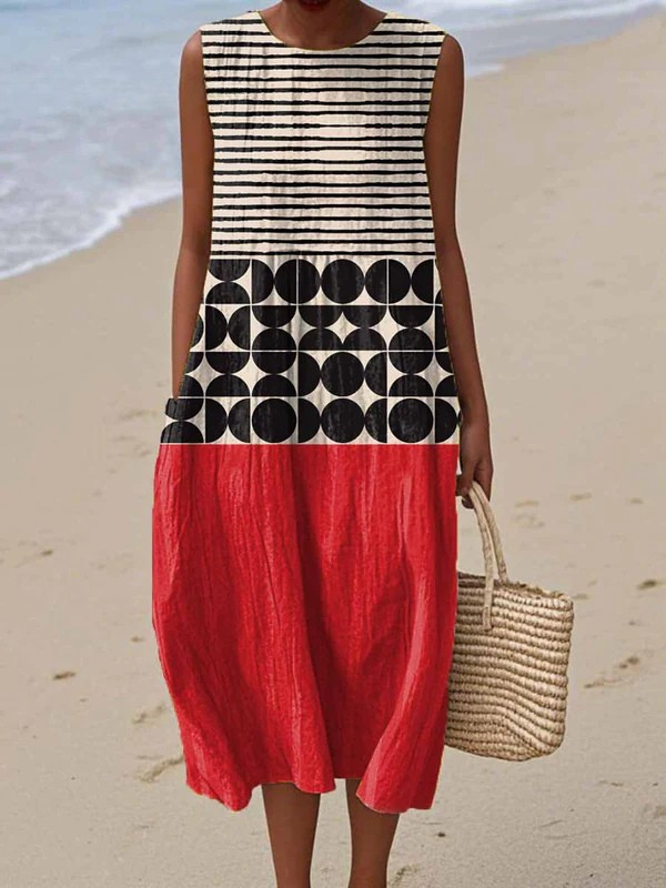 Multicolor Round Neck Sleeveless Geometric Stripe Colorblock A-Line Midi Dress