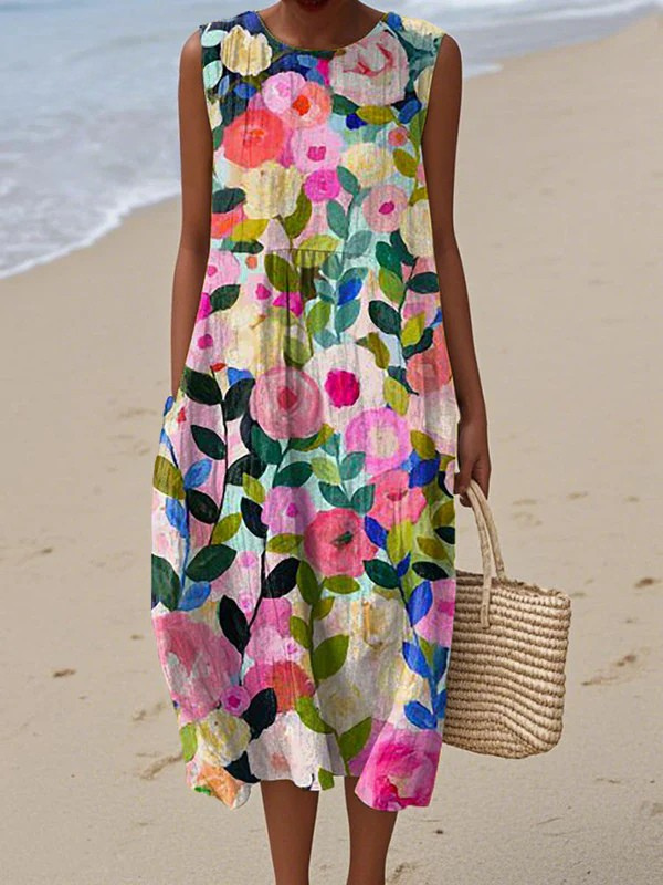 Multicolor Round Neck Sleeveless Floral Print A-Line Midi Dress