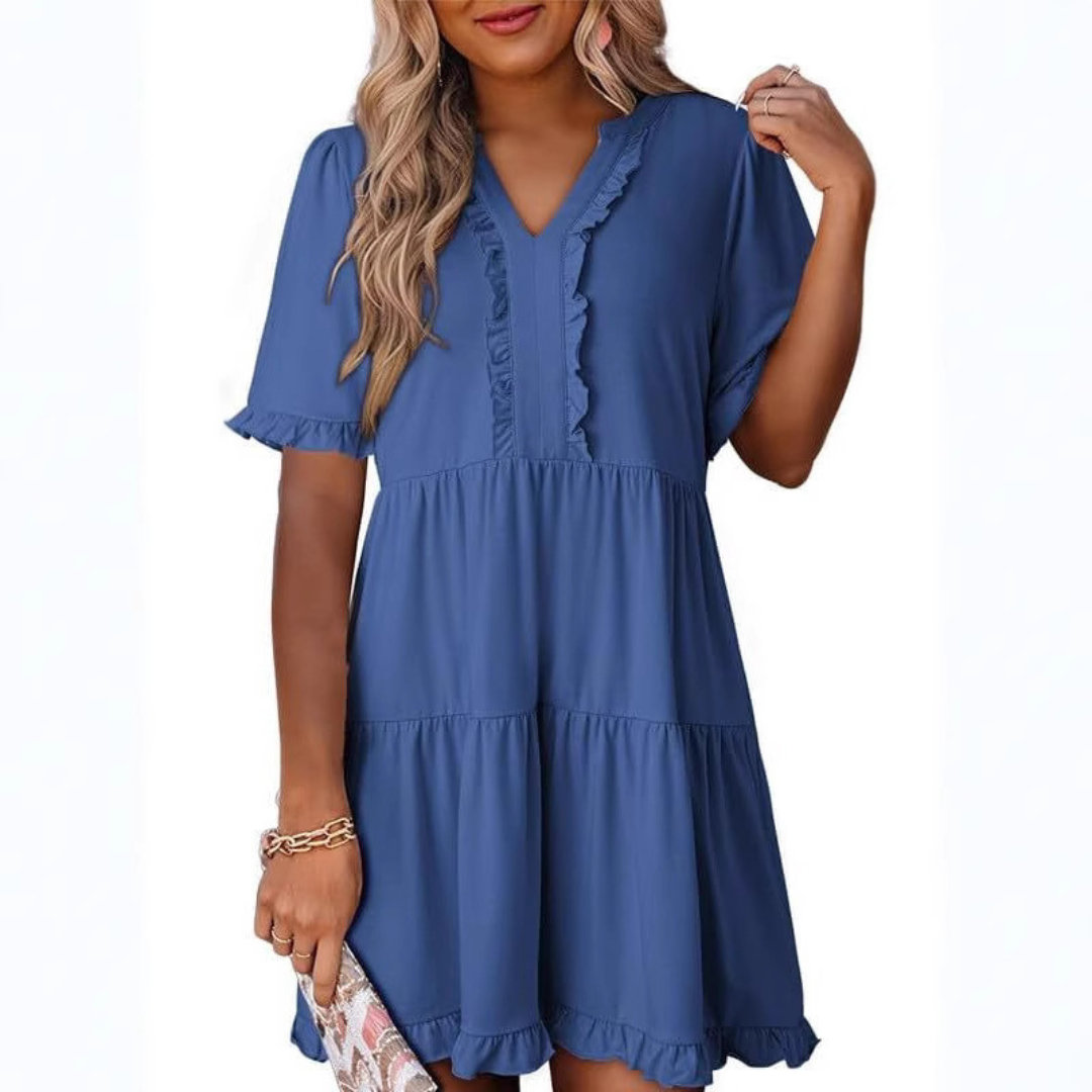 V-Neck Ruffle Trim Short Sleeve Tiered Babydoll Mini Dress