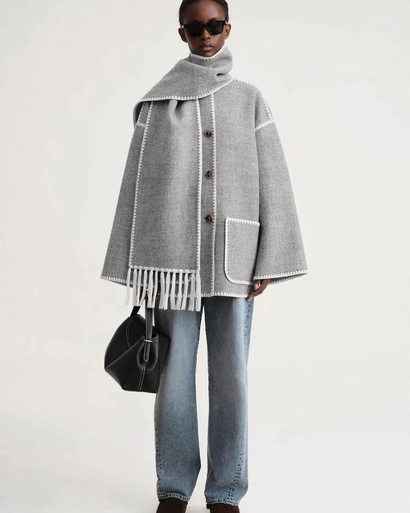 Contrast Stitch Scarf Collar Fringe Button-Front Wool Jacket