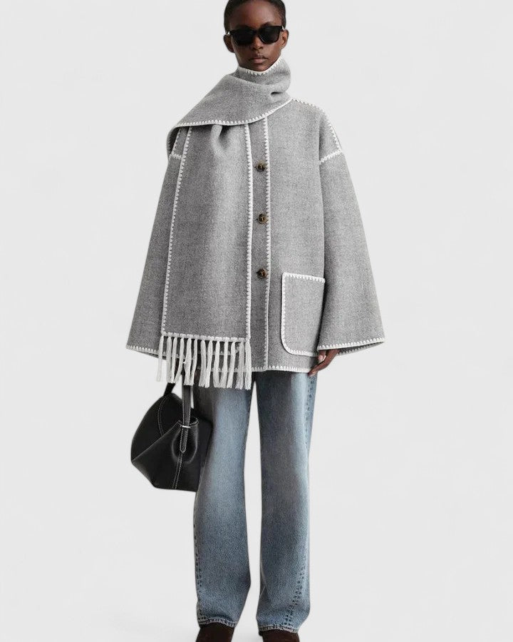 Contrast Stitch Scarf Collar Fringe Button-Front Wool Jacket