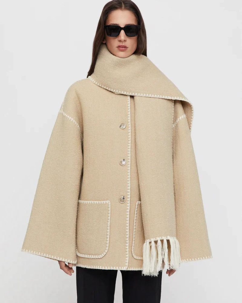 Contrast Stitch Scarf Collar Fringe Button-Front Wool Jacket