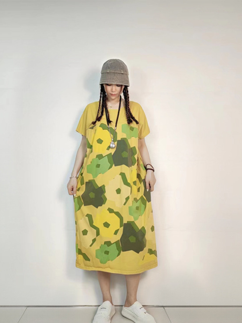 Round Neck Abstract Floral Print Short Sleeve Loose Cocoon Midi Dress 2