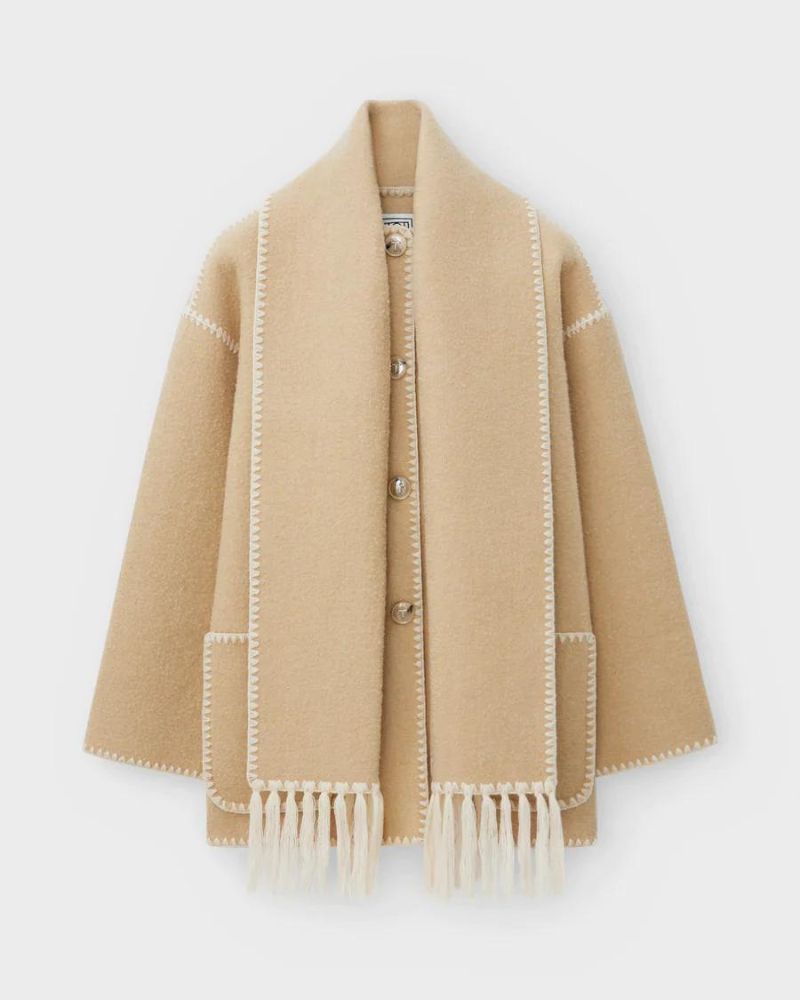 Contrast Stitch Scarf Collar Fringe Button-Front Wool Jacket