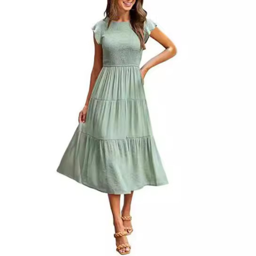 Round Neck Flutter Sleeve Smocked Tiered A-Line Midi Dress 8