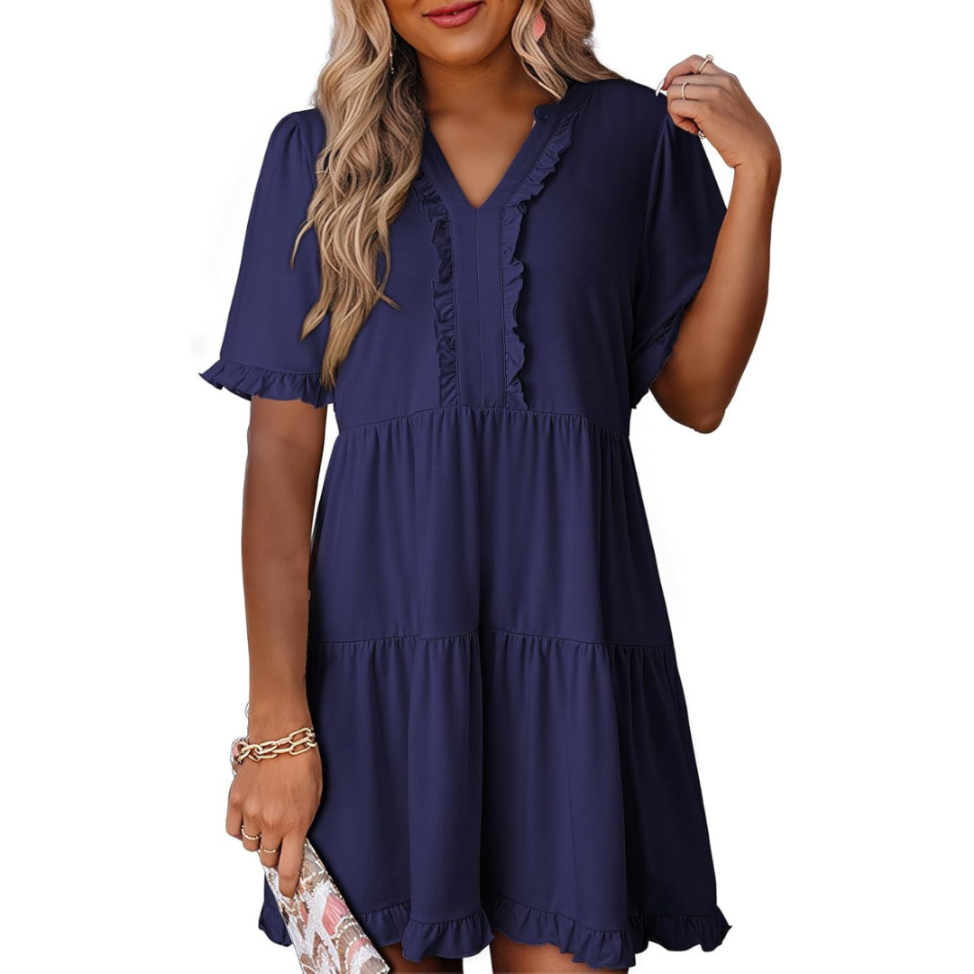 V-Neck Ruffle Trim Short Sleeve Tiered Babydoll Mini Dress