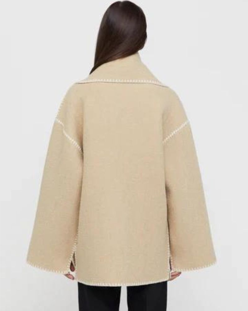 Contrast Stitch Scarf Collar Fringe Button-Front Wool Jacket