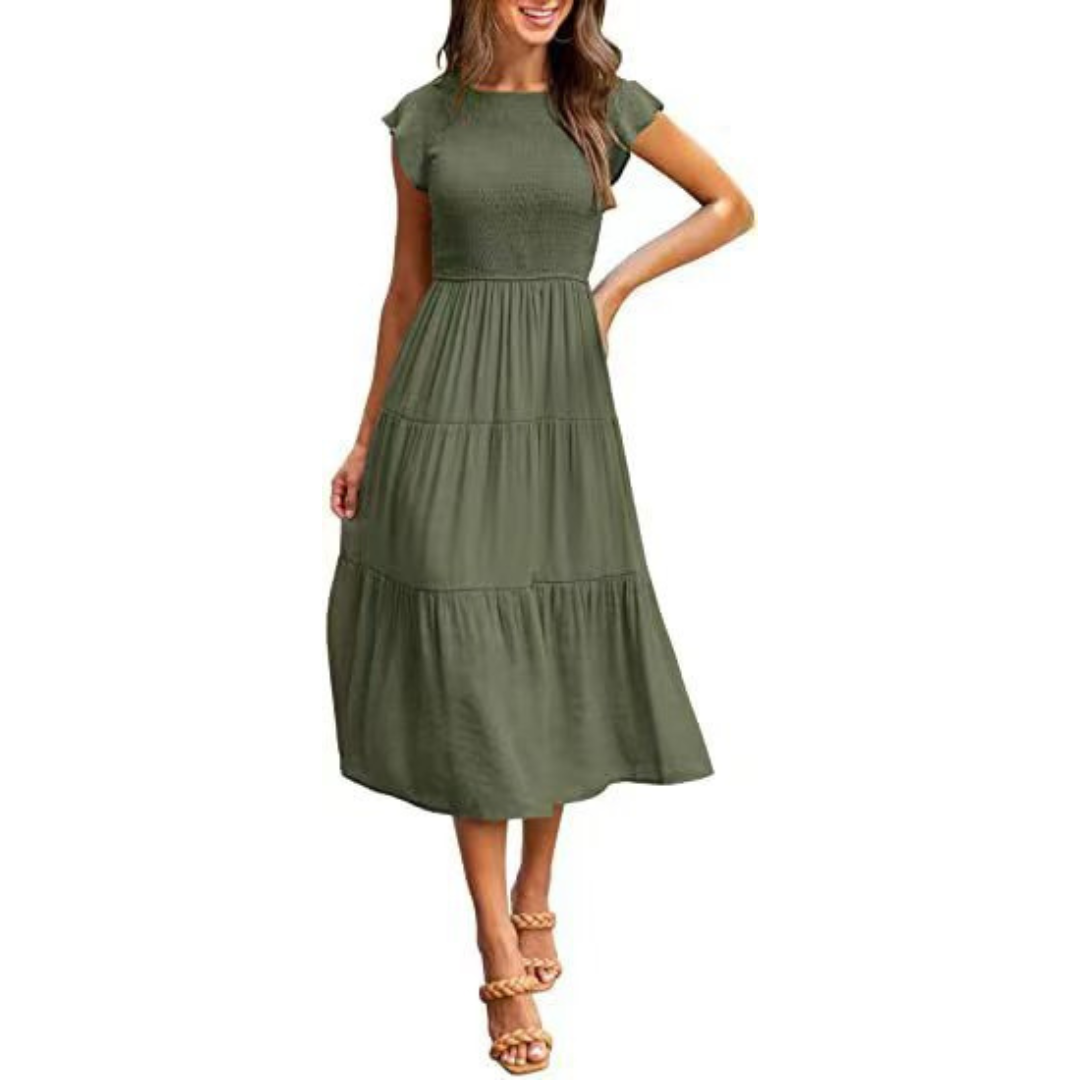 Round Neck Flutter Sleeve Smocked Tiered A-Line Midi Dress 9
