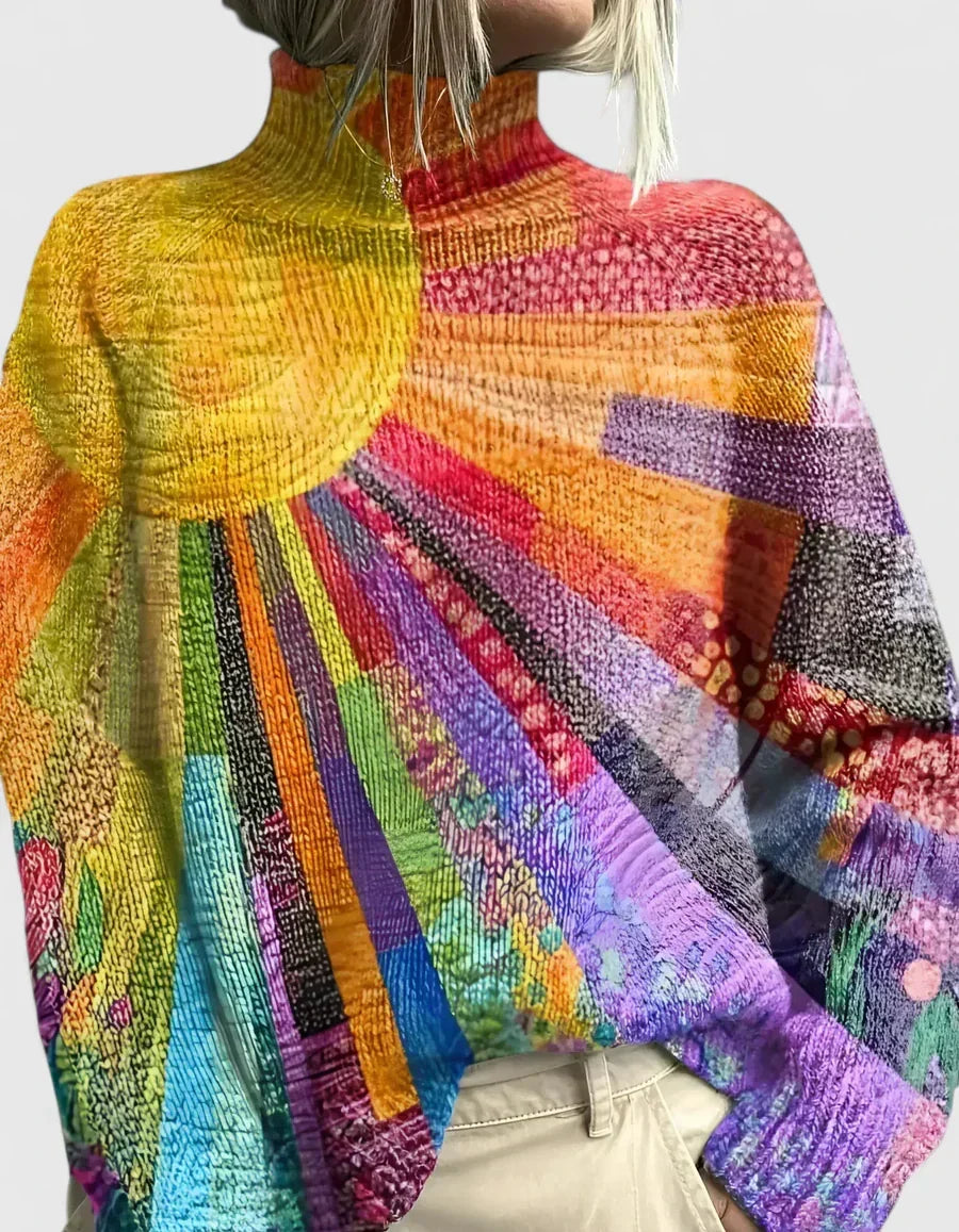 Multicolored Turtleneck Abstract Colorblock Print Long Sleeve Knit Sweater