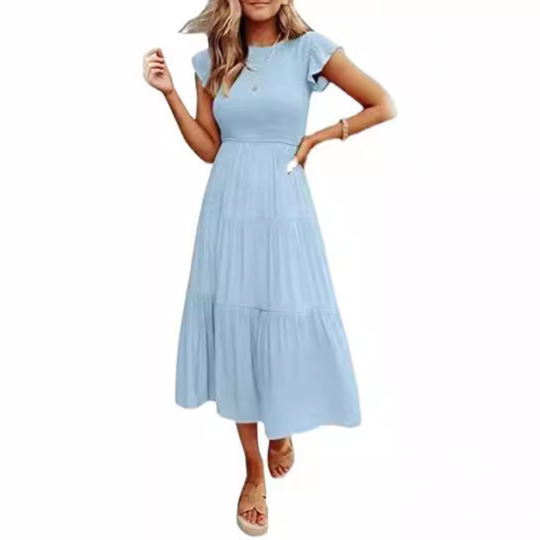 Round Neck Flutter Sleeve Smocked Tiered A-Line Midi Dress 5
