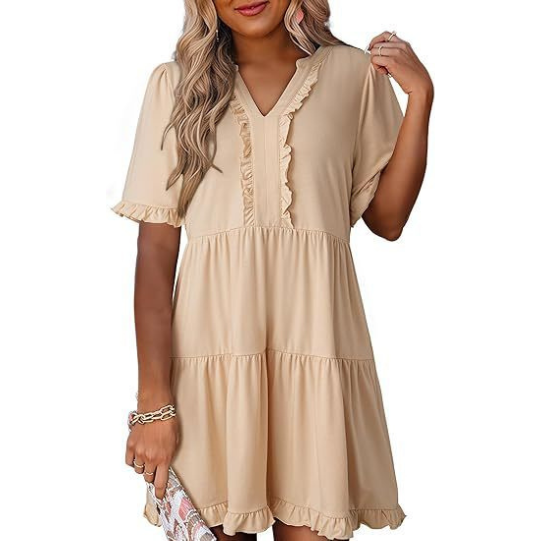 V-Neck Ruffle Trim Short Sleeve Tiered Babydoll Mini Dress