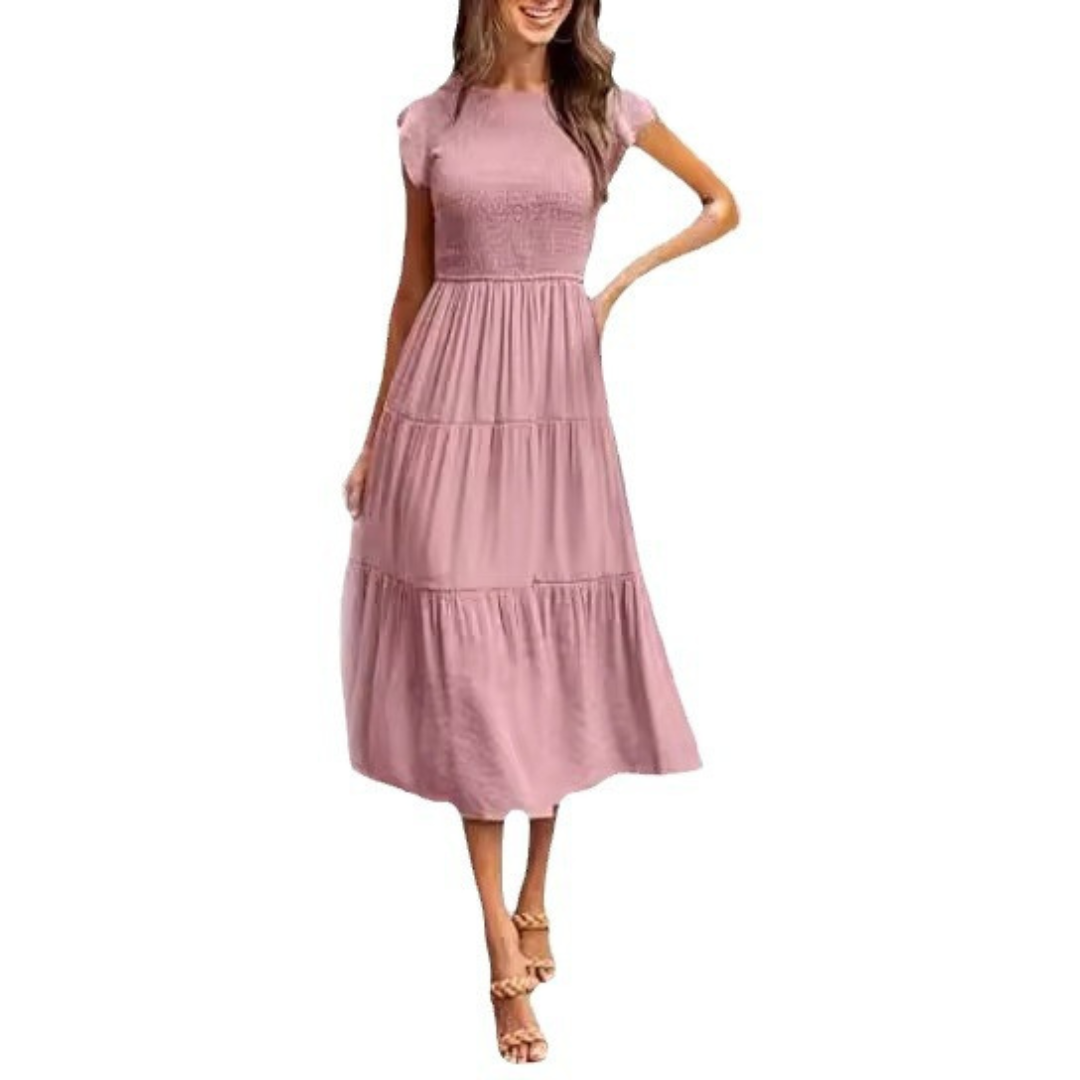 Round Neck Flutter Sleeve Smocked Tiered A-Line Midi Dress 2