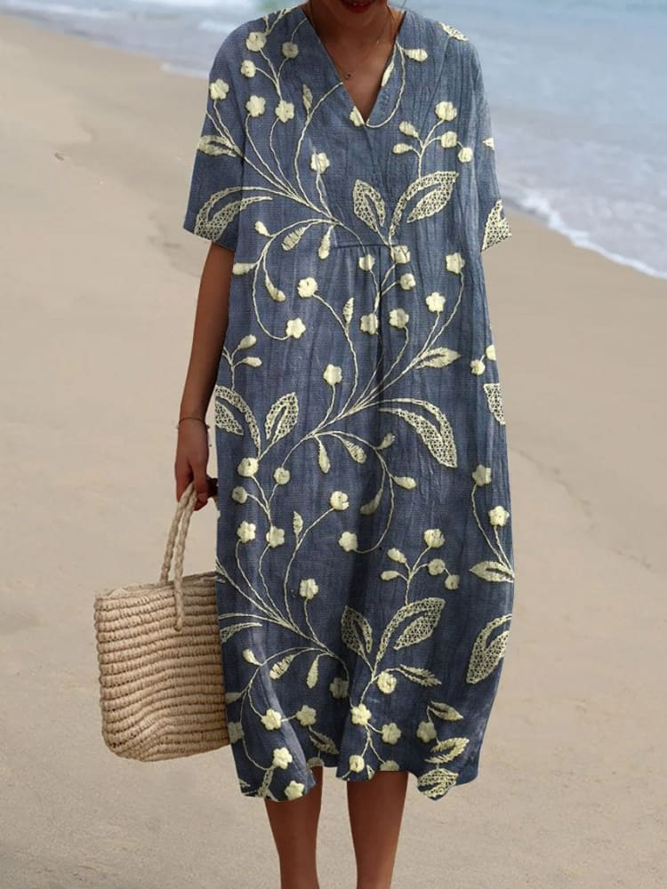 V-Neck Floral Print Short Sleeve Pleated Shift Midi Dress