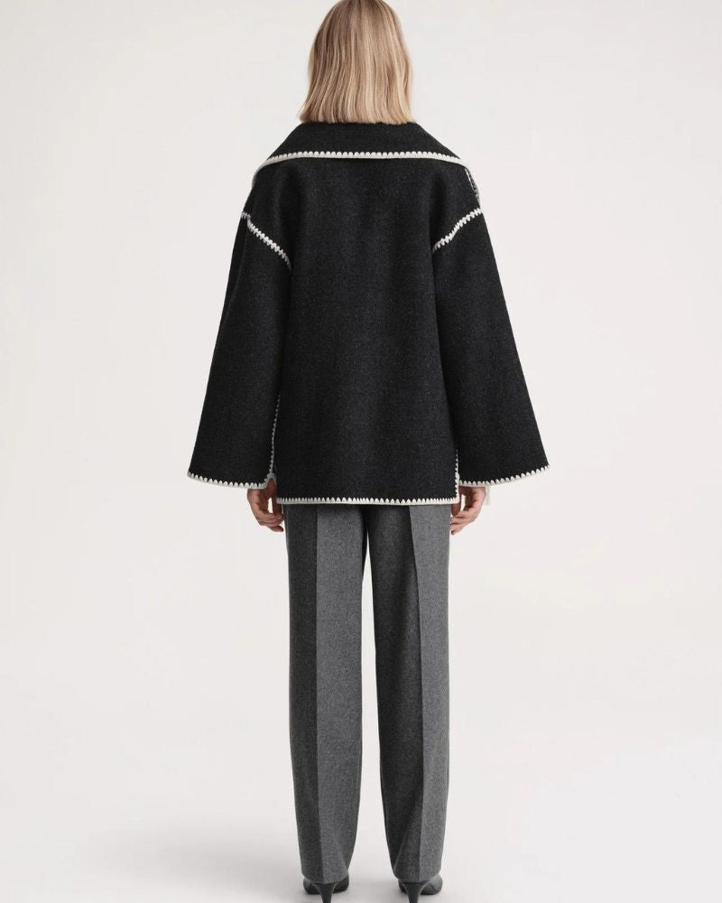Contrast Stitch Scarf Collar Fringe Button-Front Wool Jacket