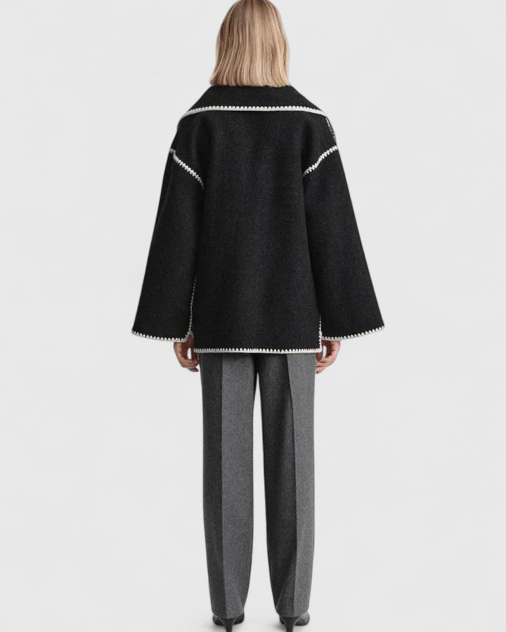 Contrast Stitch Scarf Collar Fringe Button-Front Wool Jacket