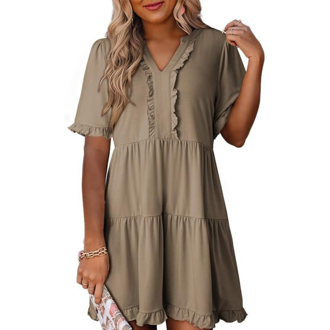 V-Neck Ruffle Trim Short Sleeve Tiered Babydoll Mini Dress