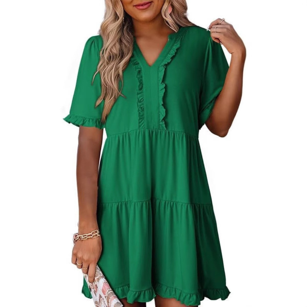 V-Neck Ruffle Trim Short Sleeve Tiered Babydoll Mini Dress
