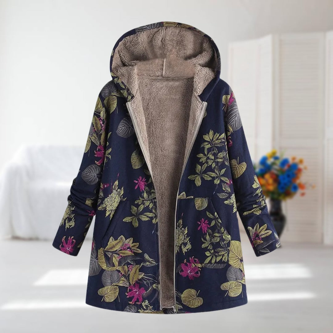 Hooded Floral Print Fleece-Lined Zip-Front Quilted Jacket 7