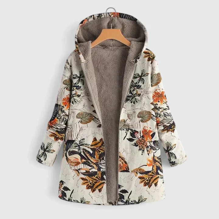 Hooded Floral Print Fleece Lined Long Sleeve Pocket Jacket