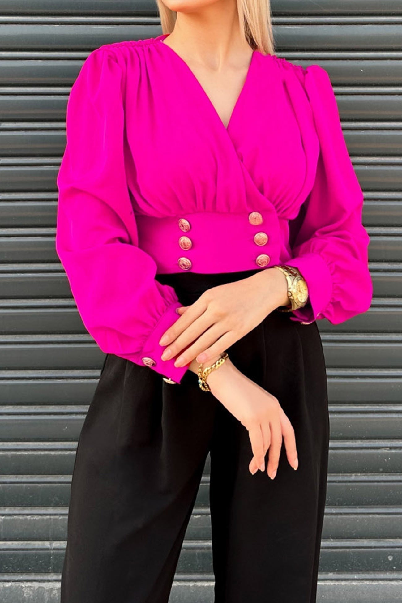 Arm Smocked Puff Neck V Top Rose / S Blouses