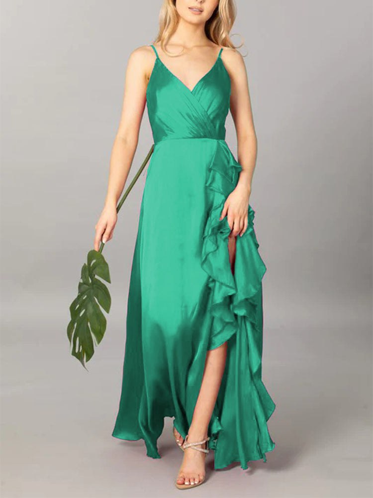 V-neck Solid Color High Waist Sleeveless Long Ruffled Flared Dress