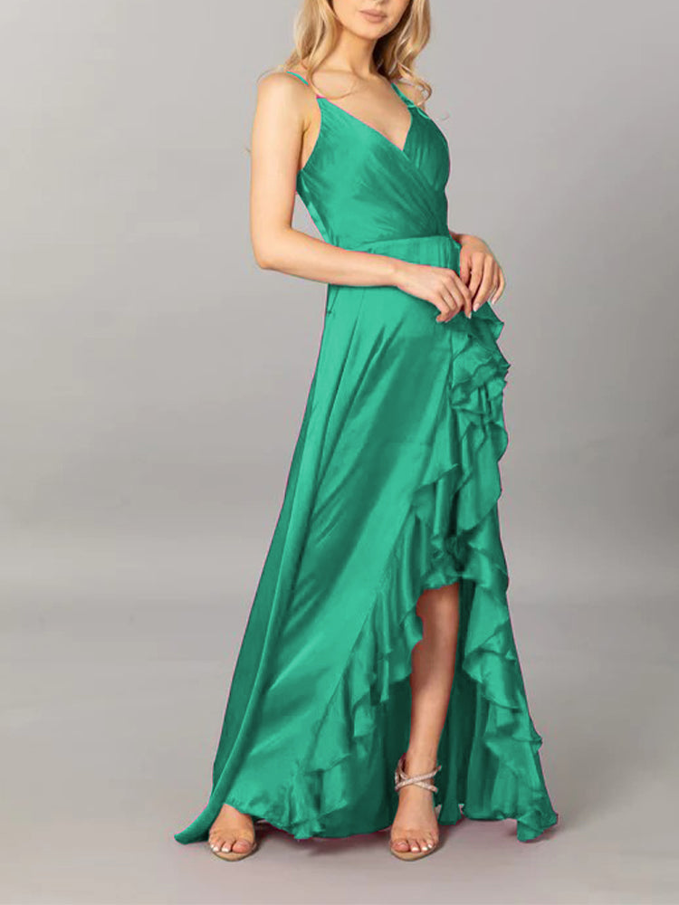 V-neck Solid Color High Waist Sleeveless Long Ruffled Flared Dress