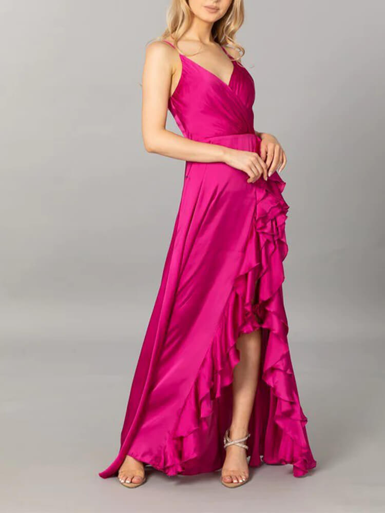 V-neck Solid Color High Waist Sleeveless Long Ruffled Flared Dress