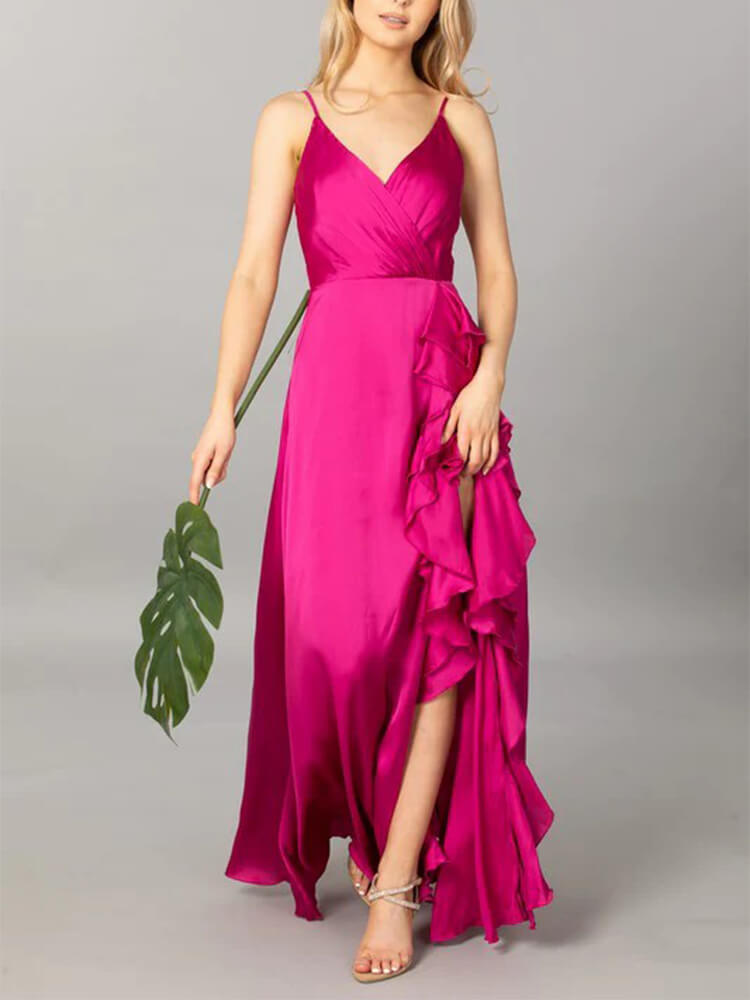 V-neck Solid Color High Waist Sleeveless Long Ruffled Flared Dress